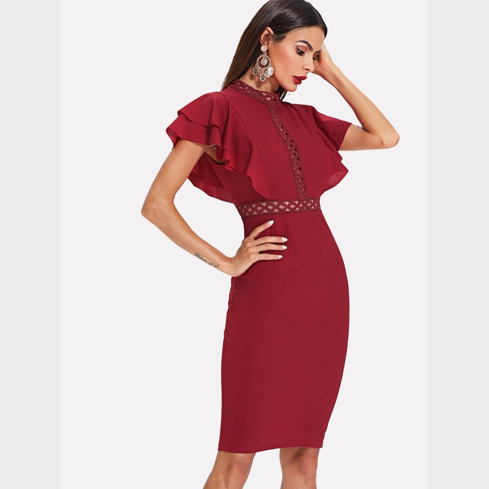 Burgundy Eyelet Lace Flounce Sleeve Bodycon Dress - Picture 3 of 6